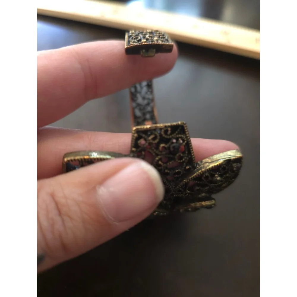 Women's Vintage Whimsigoth Bronze Black Butterfly Rhinestone Hinge Cuff Bracelet